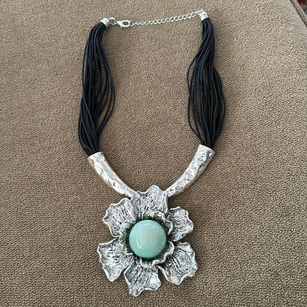 Handmade Black Corded With GORGEOUS Flower 20” Necklace (TD)